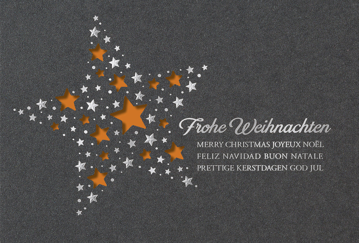 Anthrazitfarbene Weihnachtskarte mit orangefarbenem Einlegeblatt und internationalen Weihnachtsgrüßen