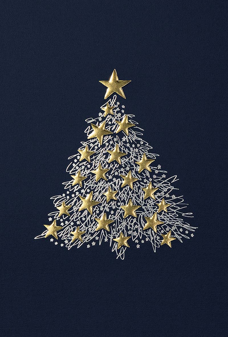 Moderne Weihnachtskarte in schwarz mit Weihnachtsbaum und Sternen gold-silber