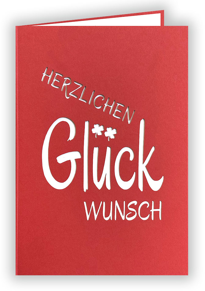 Rote Glückwunschkarte im Hochformat, mit Ausstanzung "Herzlichen Glückwunsch" und Einlegeblatt 