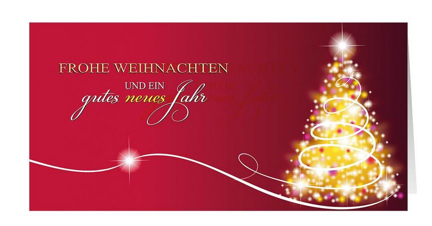 Rote Weihnachtskarte mit funkelndem Weihnachtsbaum und Weihnachtsgruß, DIN lang