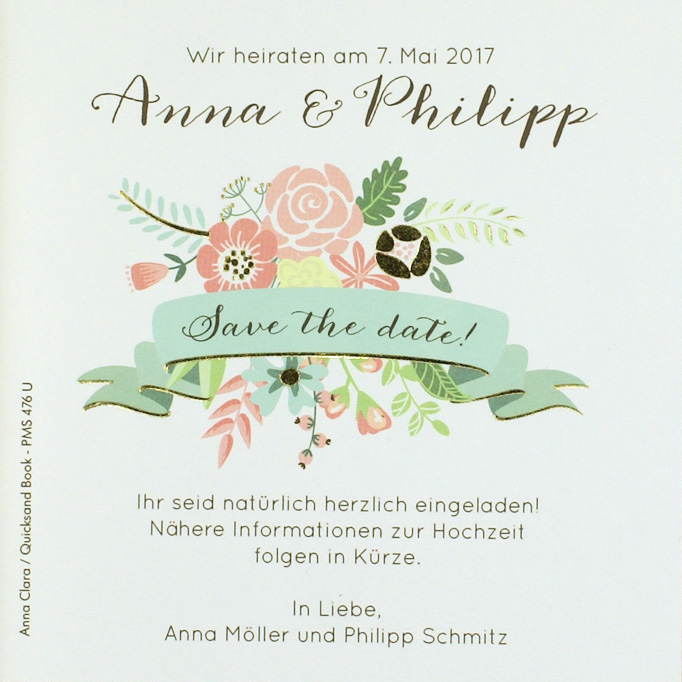 Save-the-Date-Karte / Dankkarte mit floralem Element und Banderole