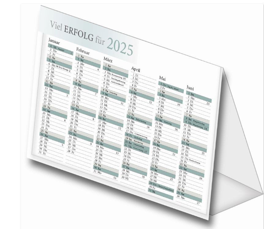 Ansicht der Weihnachtskarte als aufgestellter Kalender "Viel Erfolg für 2025" mit Platz für Ihren Logoeindruck