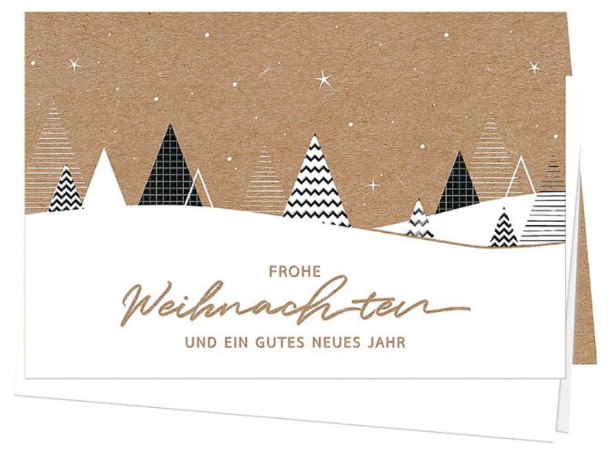 Moderne Weihnachtskarte mit Bäumen im Schnee, Sternen und Weihnachtsgruß, inkl. Einlegeblatt