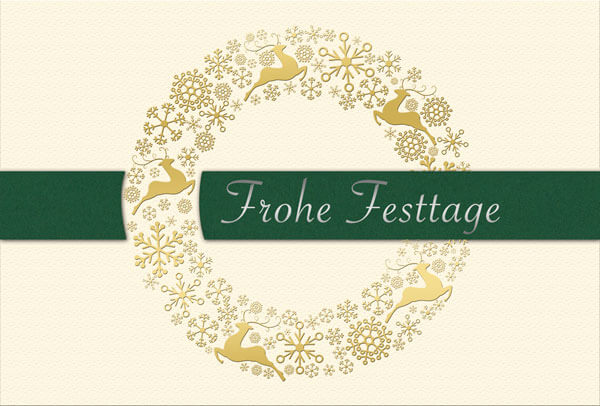 Cremeweiße Weihnachtskarte mit grüner Banderole und Folienprägung in gold und silber