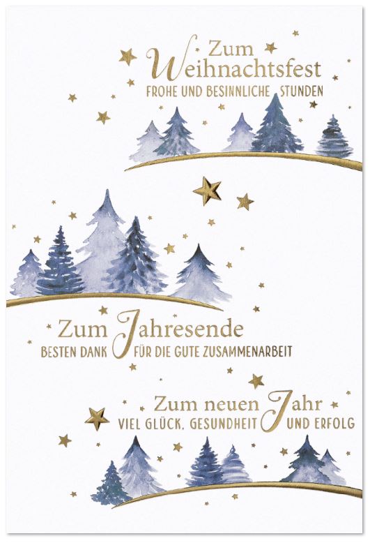 Firmenweihnachtskarte mit geschäftlichen Grüßen, goldenen Sternen und Baumreihen