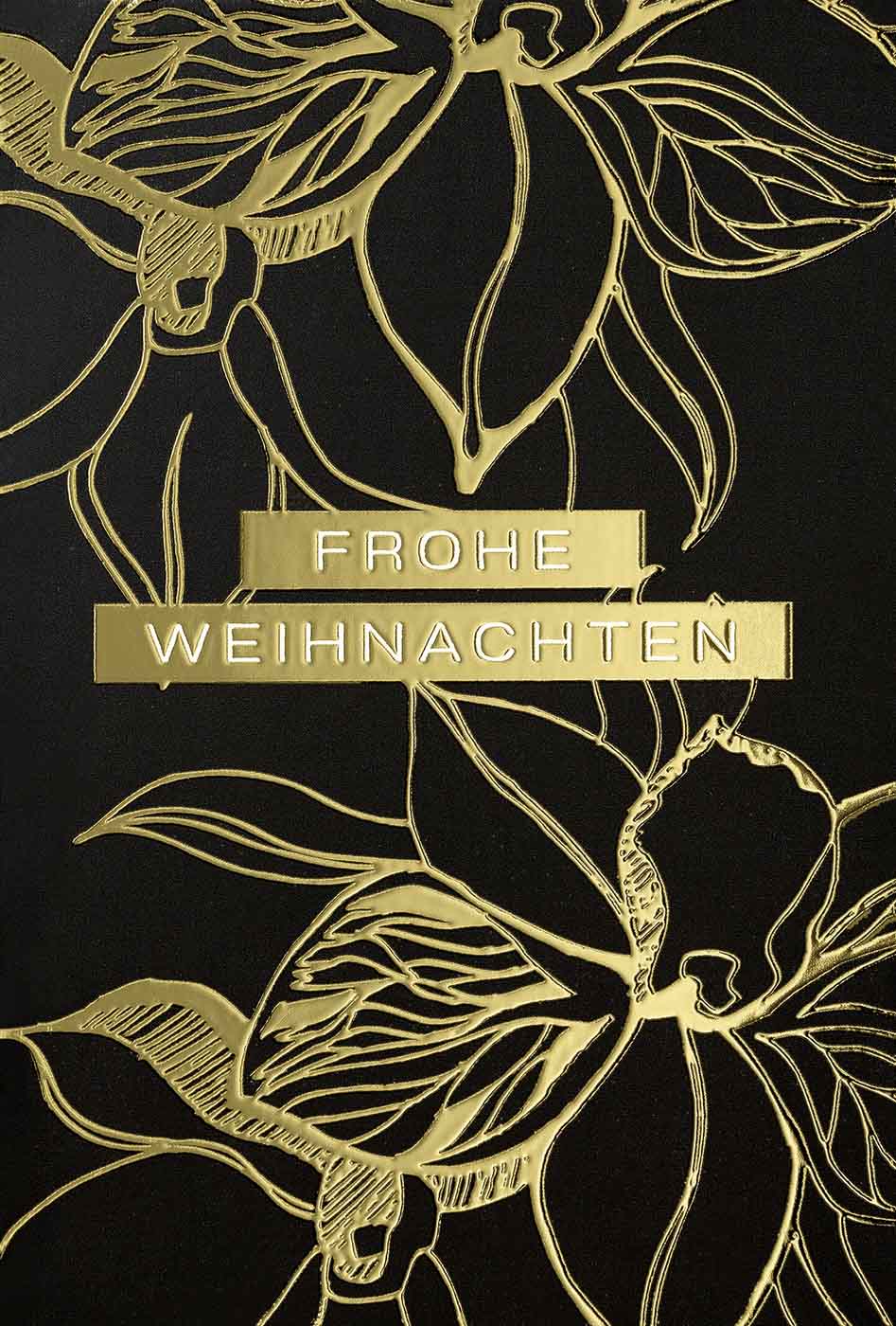 Schwarze Weihnachtskarte mit goldenen Blütenblättern und "Frohe Weihnachten" inkl. Einleger