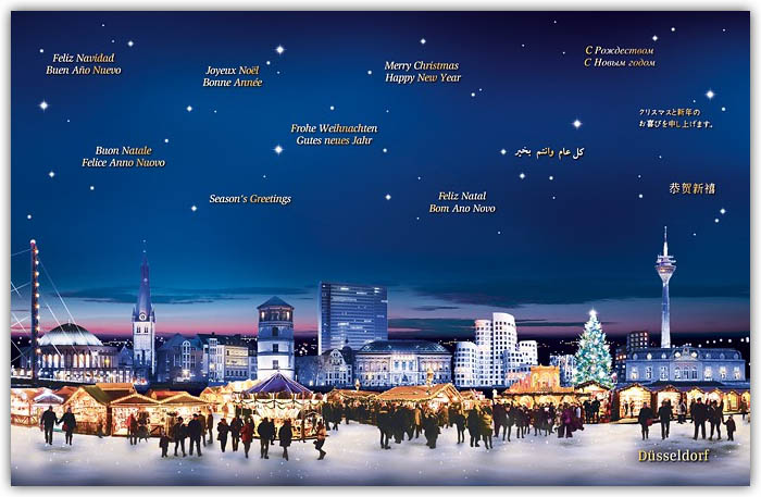 Städtekarte "Grüße aus Düsseldorf" mit Weihnachtsmarkt, mehrsprachigem Gruß und Skyline