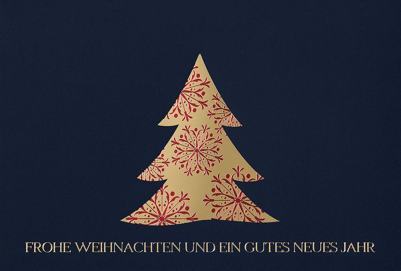 Exclusive Weihnachtskarte in schwarz mit goldenem Weihnachtsbaum und Weihnachtsgruß