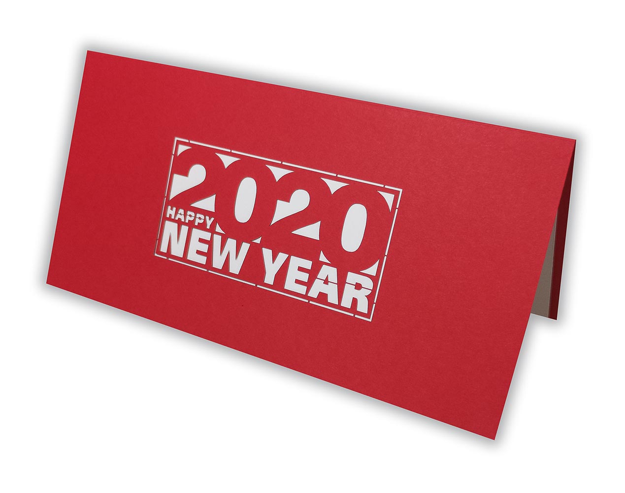 Rote Neujahrskarte Happy New Year mit Laserstanzung 2020 und weißem Einlegeblatt