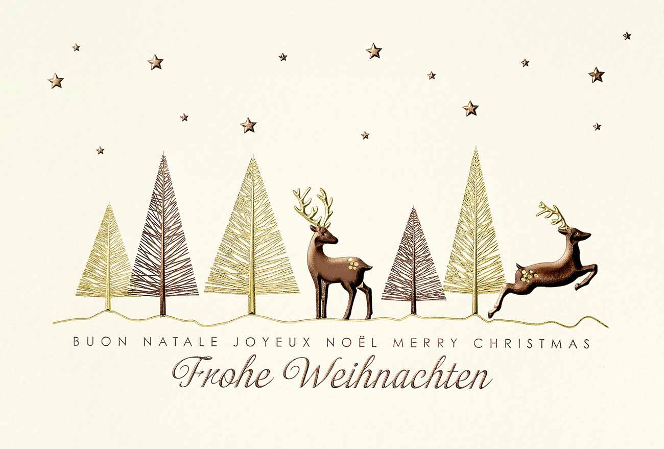 Cremeweiße Weihnachtskarte mit internationalen Grüßen und weihnachtlichem Motiv