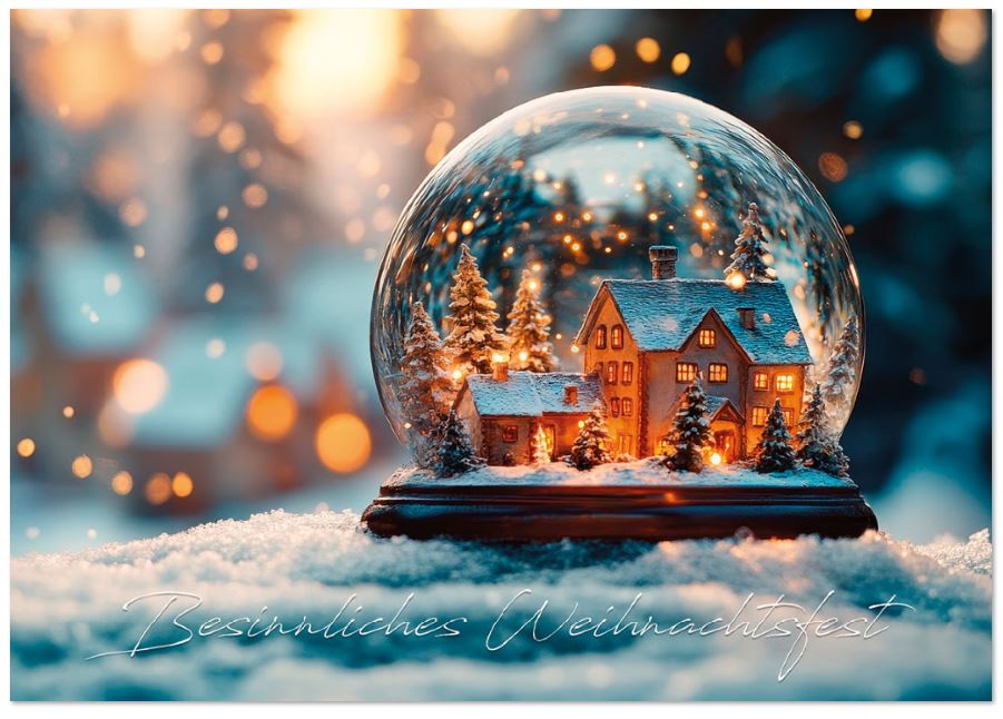 Stimmungsvolle Weihnachtskarte mit leuchtendem Dorf in einer Schneekugel und Weihnachtsgruß