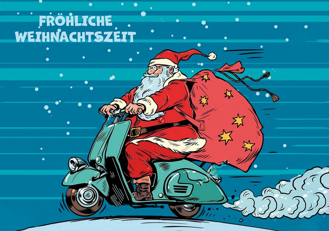 Originelle Weihnachtskarte mit dem Weihnachtsmann auf einem Roller und "Fröhliche Weihnachtszeit"