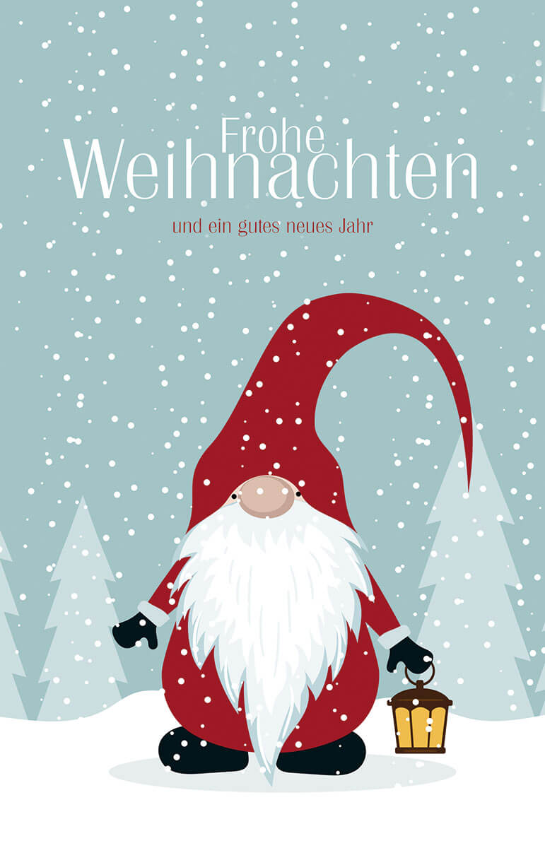 Putzige Weihnachtskarte mit rotem Wichtelmännchen als Weihnachtsmann und Schneeflocken