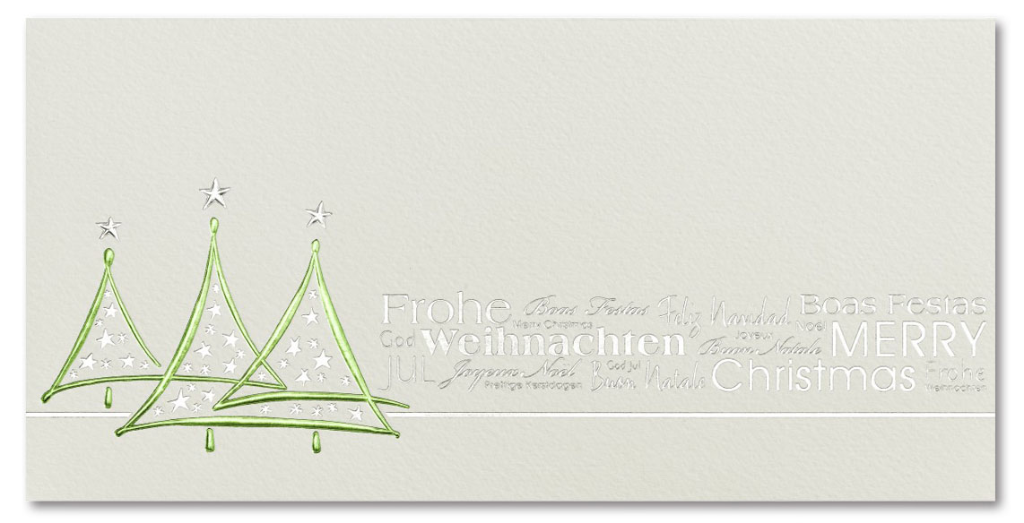 Weihnachtskarte creme Aquarellkarton mit Folienprägung und internationalen Grüßen