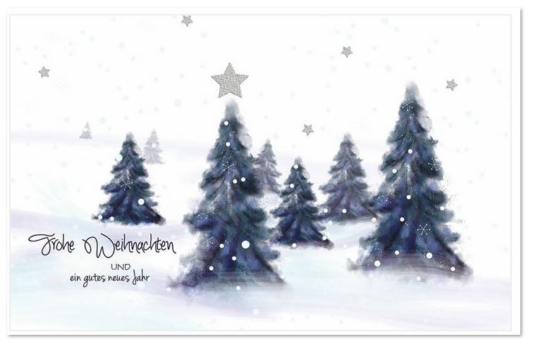 Winterliche Weihnachtskarte im Aquarellstil mit Tannen im Schnee, Weihnachtsgruß und Sternen