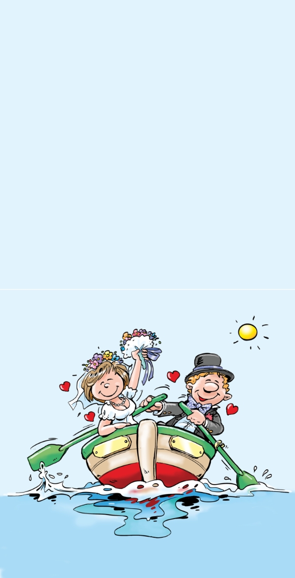 Witzige Hochzeitskarte im humorvollen Comic-Karikatur-Stil mit Hochzeitspaar im Ruderboot auf der Fahrt ins Glück.