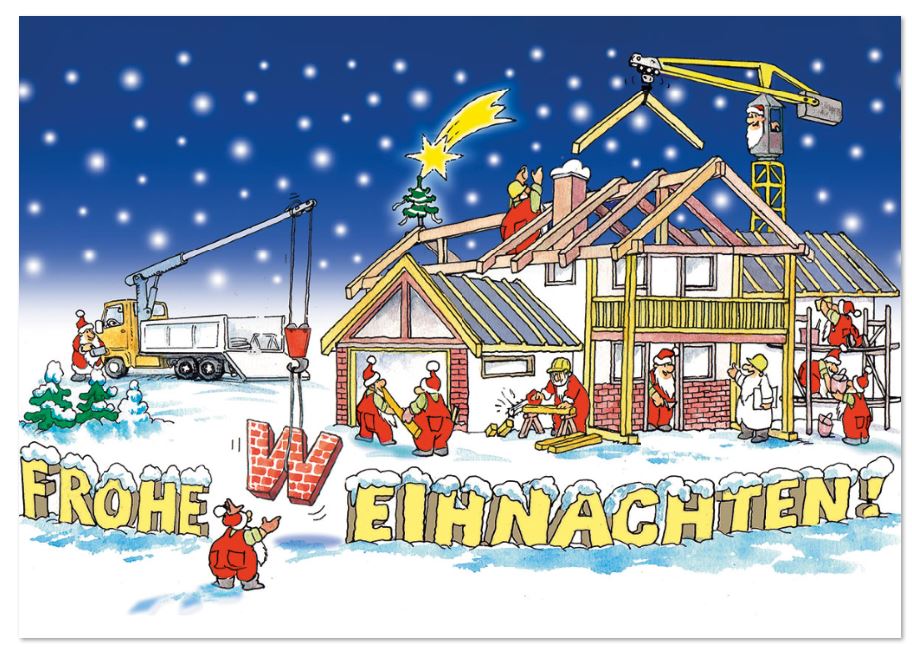 Lustige Branchenweihnachtskarte für Bauunternehmen mit Gruß "Frohe Weihnachten" und fröhlichen Weihnachtsmännern