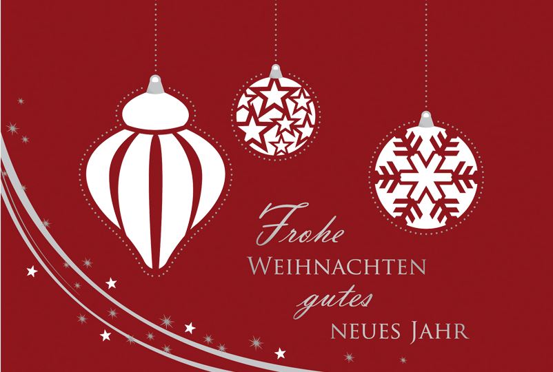 Rote Weihnachtskarte mit Spende zugunsten Make-A-Wish e.V. mit Stanzung von Baumkugeln und weihnachtlichem Gruß