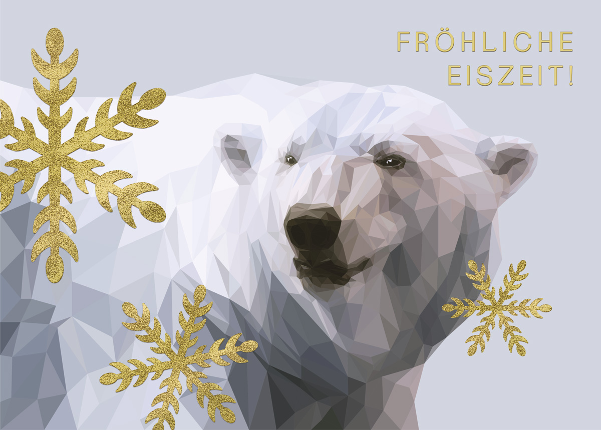 Ausgefallene Weihnachtsgrußkarte mit Eisbär, goldenen Sternen und Gruß "Fröhliche Eiszeit"