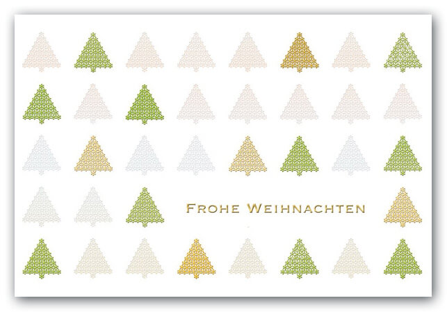 Weihnachtskarte in creme mit Grußtext "Frohe Weihnachten" und kleinen Tannenbäumen in grün, creme und gold