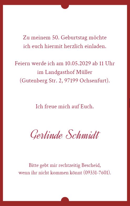 Bordeauxrote Einladungskarte zum 50. Geburtstag mit Banderole in creme und Rosenblütenkranz