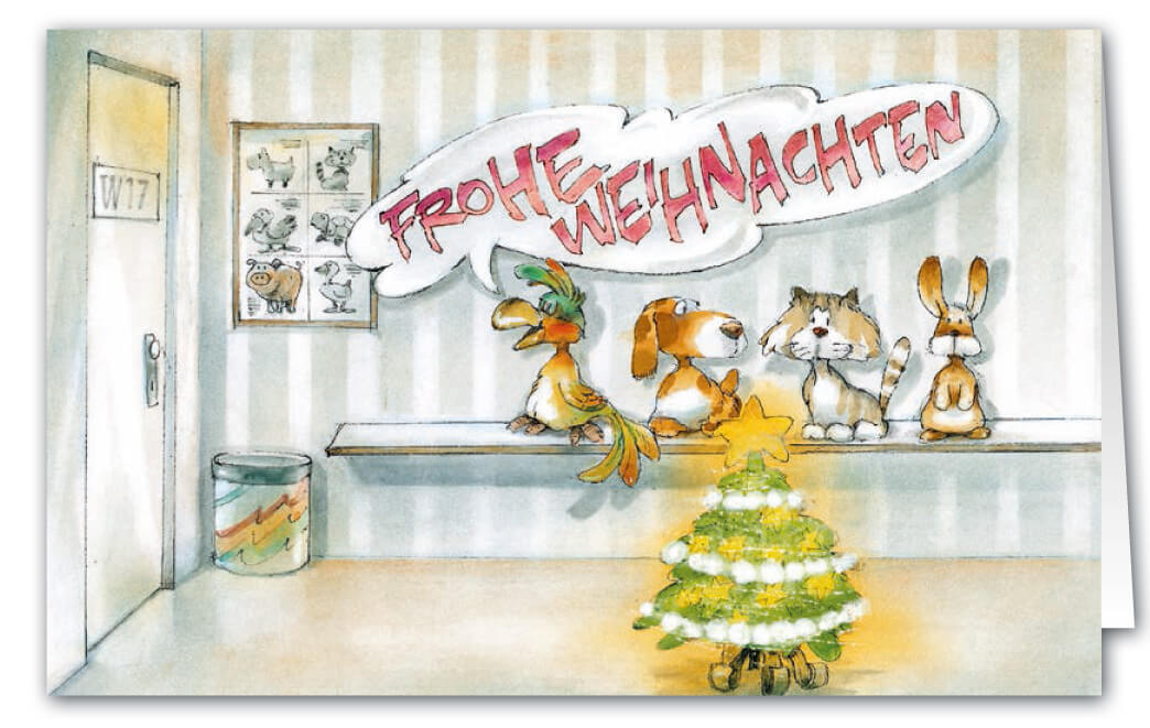 Weihnachtskarte als Branchenkarte für Tierarzt, Veterinaer oder Tierklinik mit lustigem Motivdruck