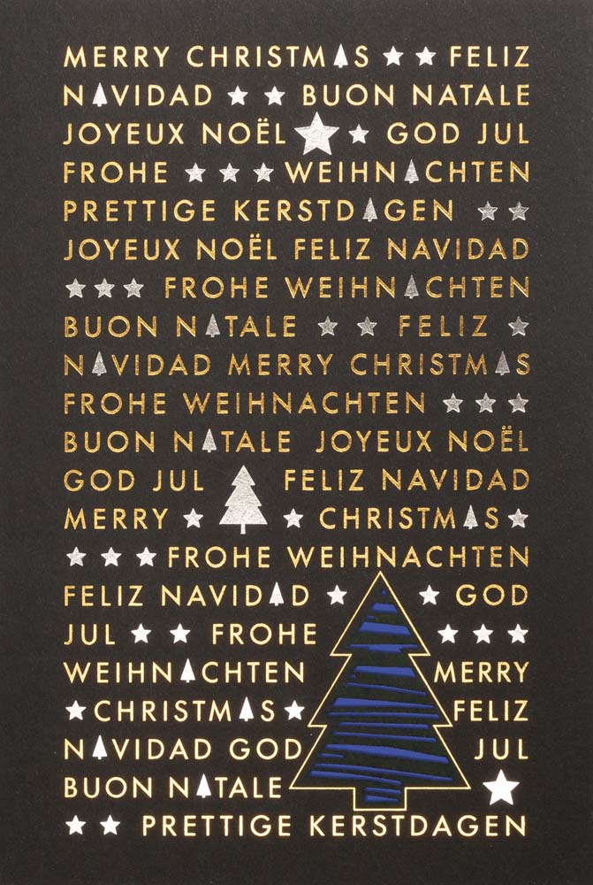 Schwarze Weihnachtskarte mit internationalen Grüßen, Laserstanzung und blauem Einleger