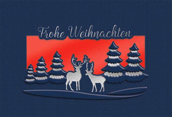 Weihnachtliche Stanzkarte in dunkelblau mit rotem Einlegeblatt und edler Silberfolienprägung