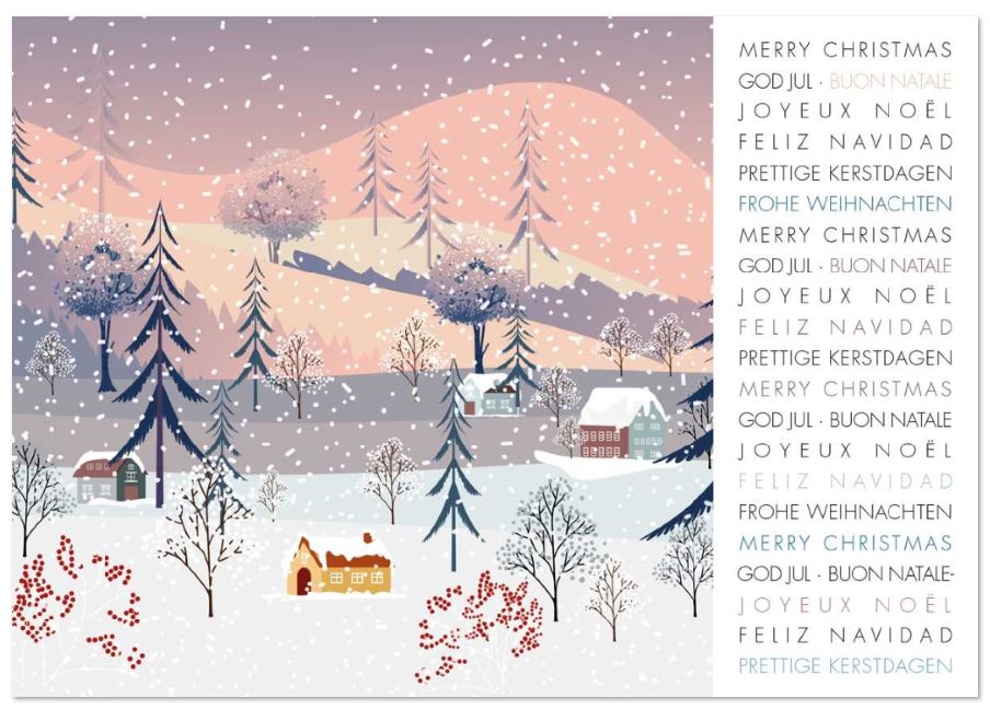 Internationale Weihnachtskarte mit winterlicher Landschaft und verschneiten Häusern