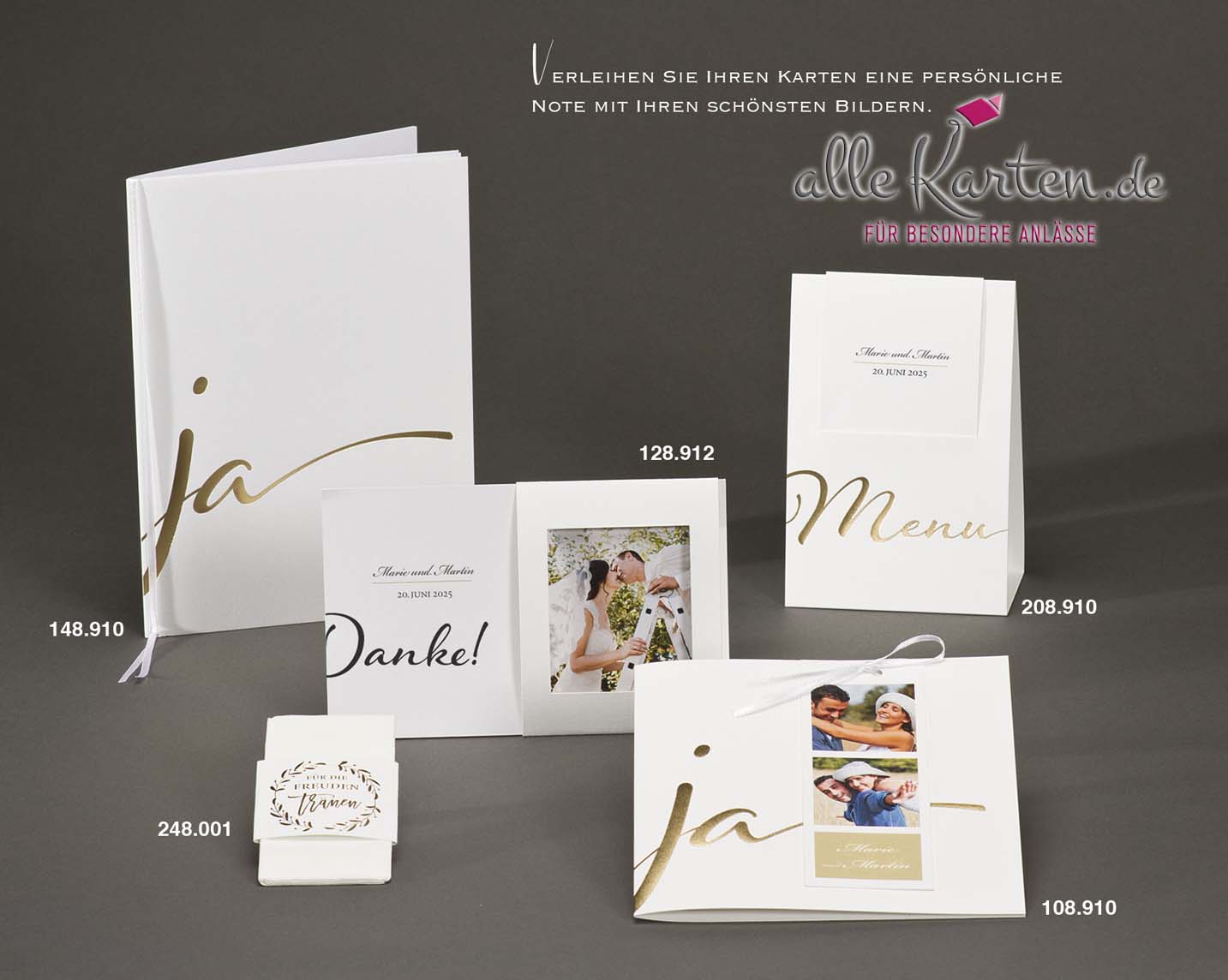 Klassische Hochzeitskarten-Serie in weiß mit in gold geprägtem Ja