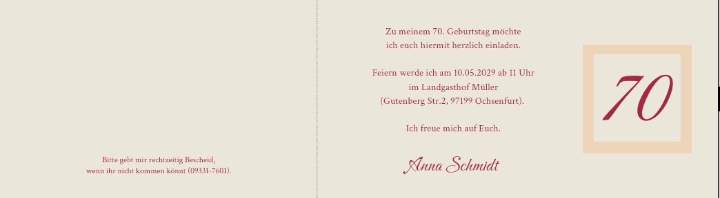 Rote Einladungskarte zum 70. Geburtstag DIN lang mit reliefgeprägten Blumenornament