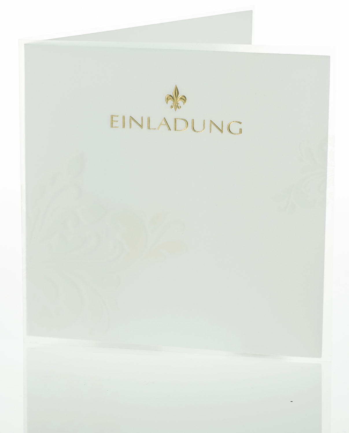 Einladungskarte weiß mit Ornament und Folienprägung Einladung und Symbol Fleur de Lys