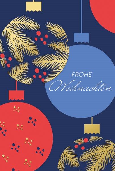 Moderne Grußkarte mit Weihnachtskugeln und Gruß "Frohe Weihnachten" sowie Veredelung in gold