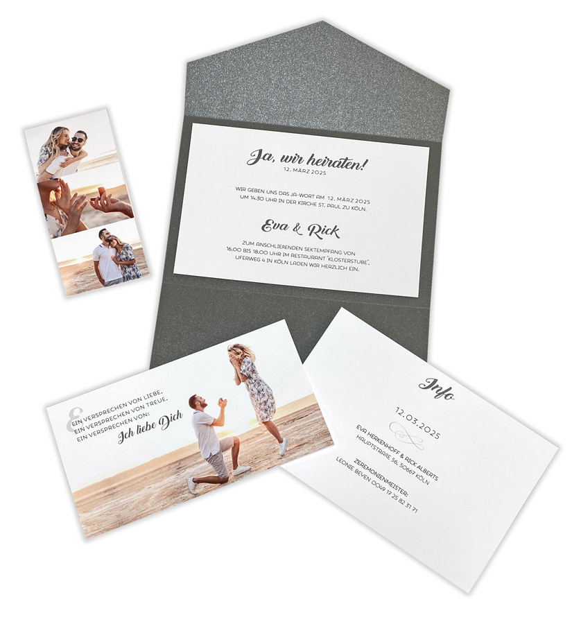 Gestaltungsbeispiel einer Pocketfold-Hochzeitskarte mit eigenen Fotos und Einsteckkarten innen