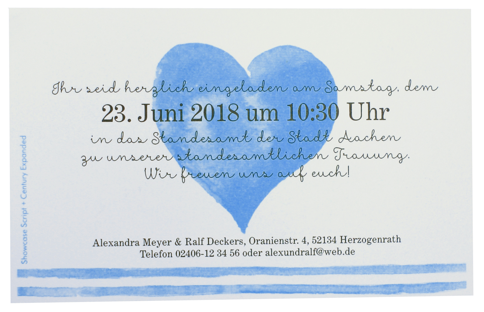 Blankokarte / Save the Date-Karte 13,5x8,5 cm cremeweiß metallic - Beispiel mit blauem Herz