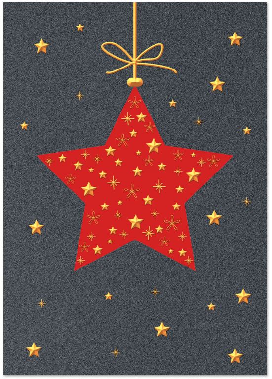 Festliche Weihnachtskarte in anthrazit-metallic mit rotem Stern und Sternenhimmel in gold