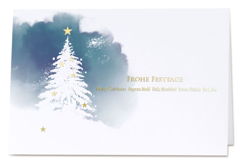 Weiße Weihnachtskarte mit blauem Aquarelldruck und edler Goldfolienprägung, mehrsprachig