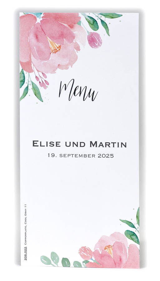 Menükarte im floralen Aquarell-Stil mit Schriftzug "Menu" und zarten Rosa- und Grüntönen