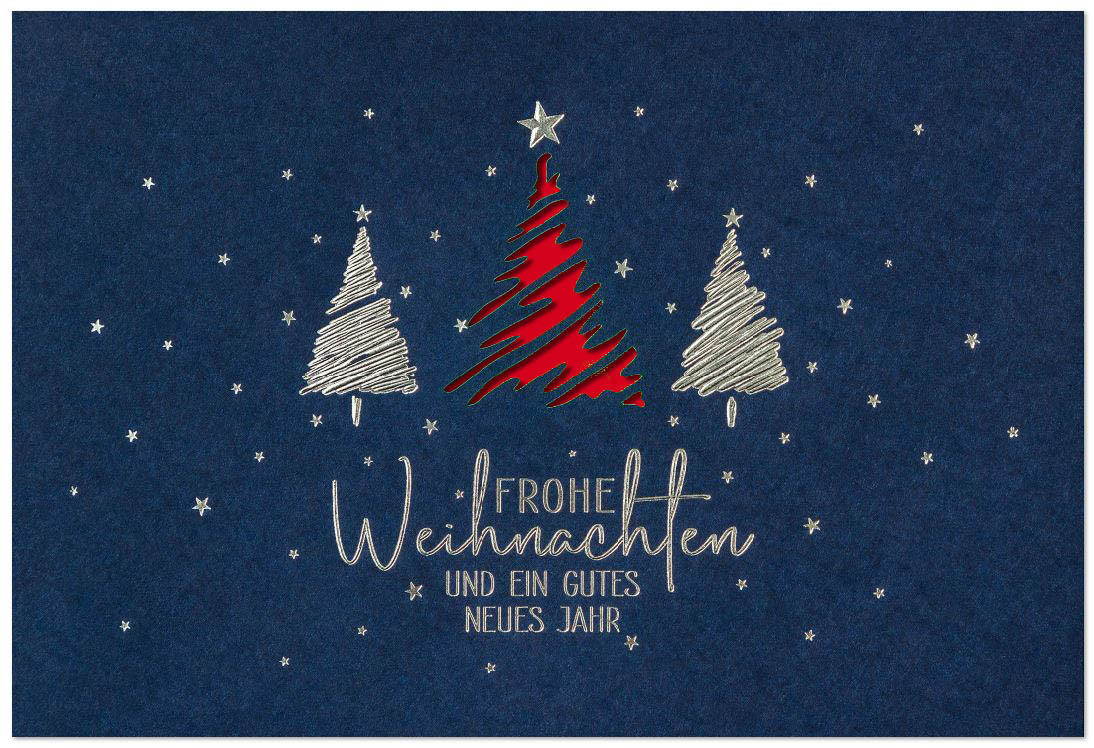 Blaue Weihnachtskarte mit Laserstanzung Baum und Silberfolienprägung, Einleger rot