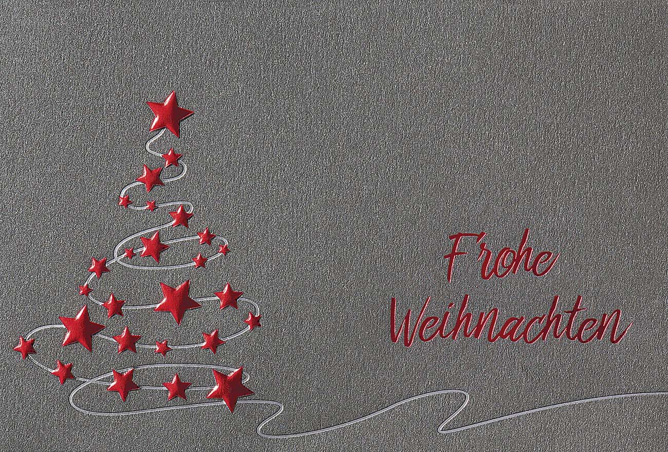 Anthrazitfarbene Weihnachtskarte mit roter Folienprägung von Weihnachtsgruß und Baum