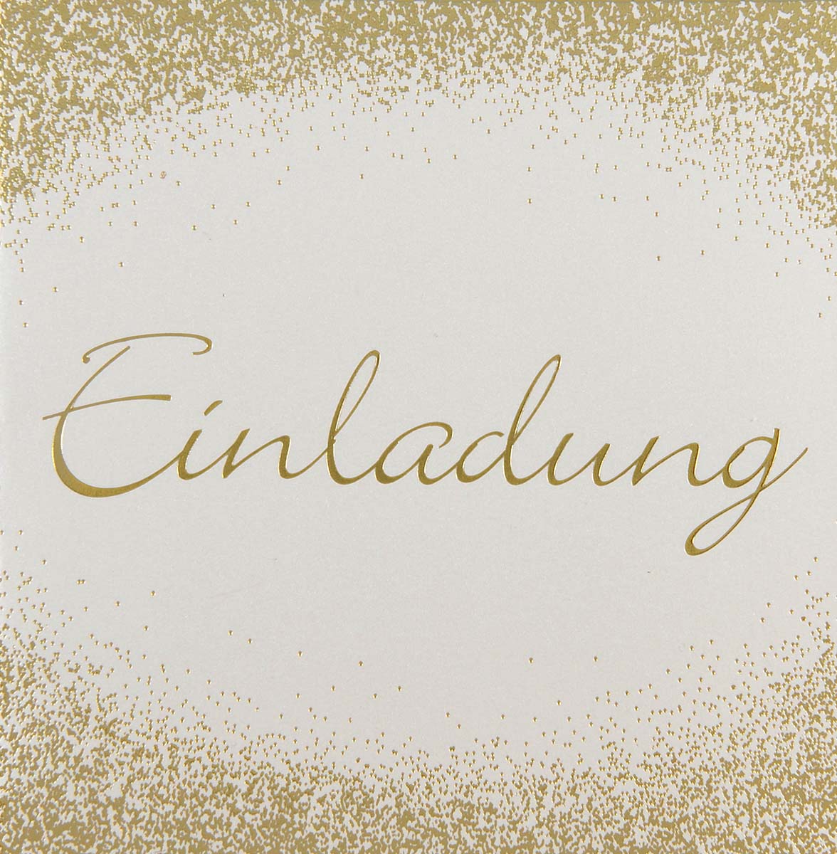 Perlmuttfarbene Einladungskarte zur Goldenen Hochzeit mit Schriftzug "Einladung" in Goldfolienprägung.