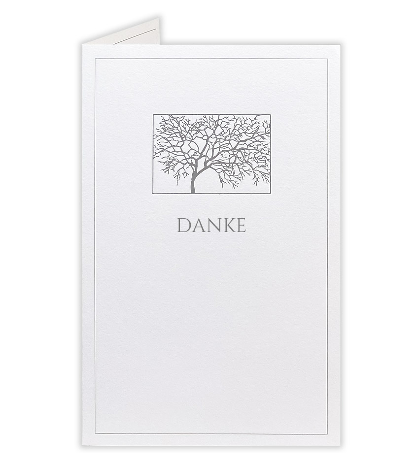 Dankkarte mit Trauerweide, grauem Trauerrahmen und "DANKE" Schriftzug