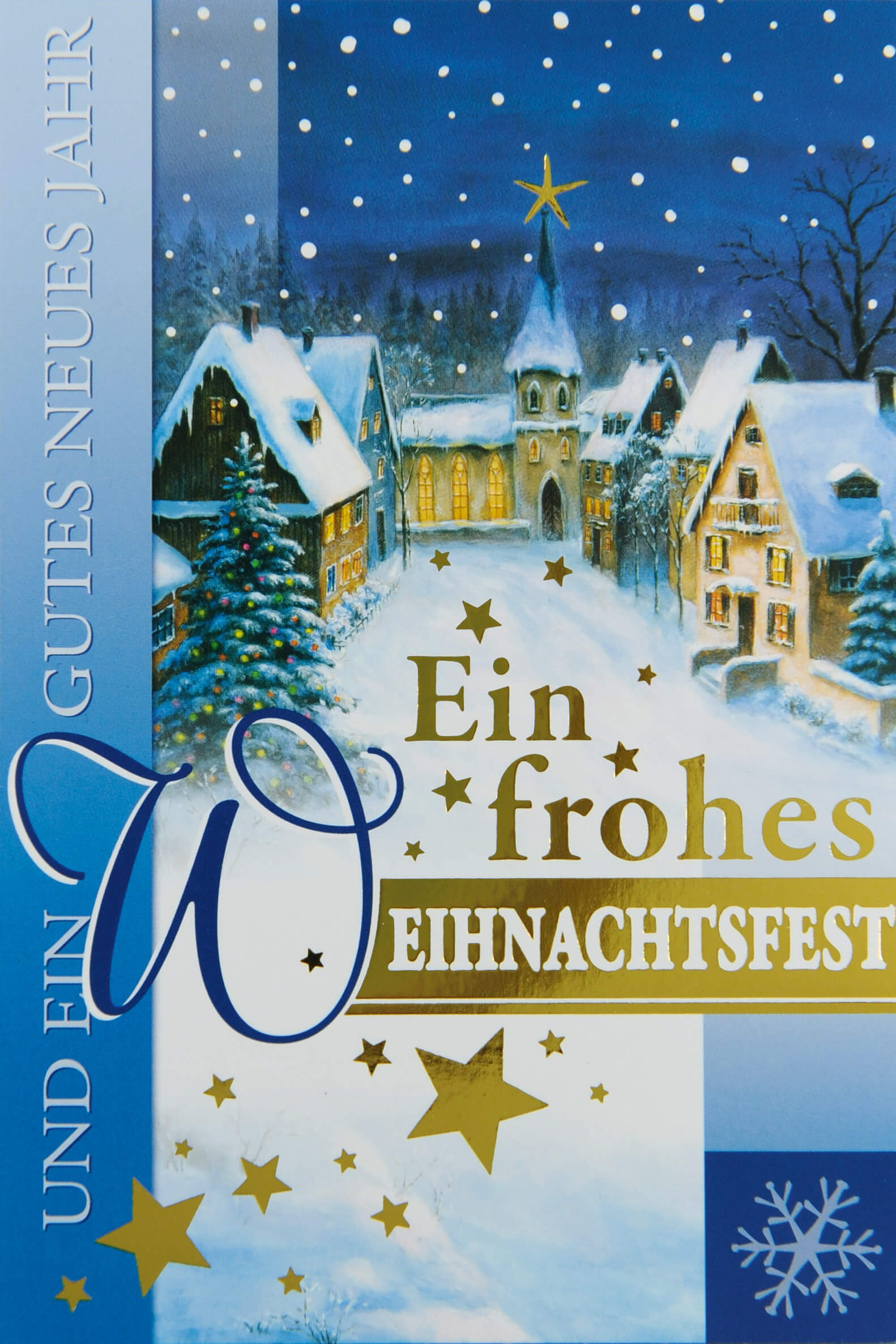 Winterliche Weihnachtskarte in blau mit verschneitem Dorf und weihnachtlichem Gruß