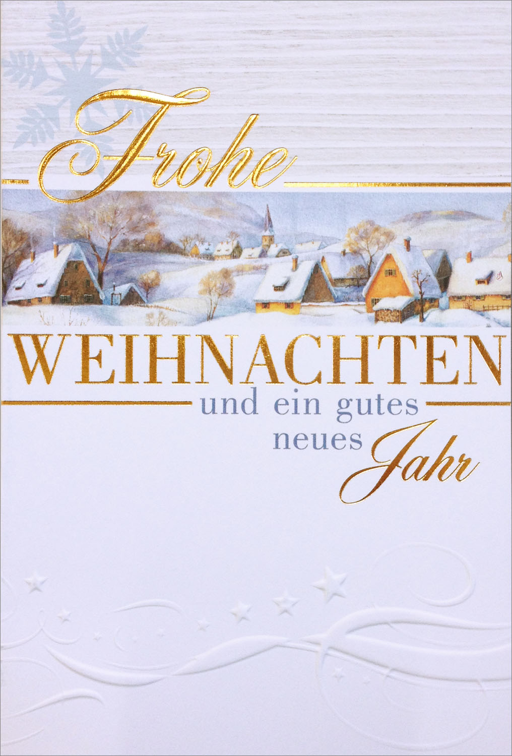 Weihnachtskarte weiß mit verschneitem Dorf Frohe Weihnachten und ein gutes neues Jahr