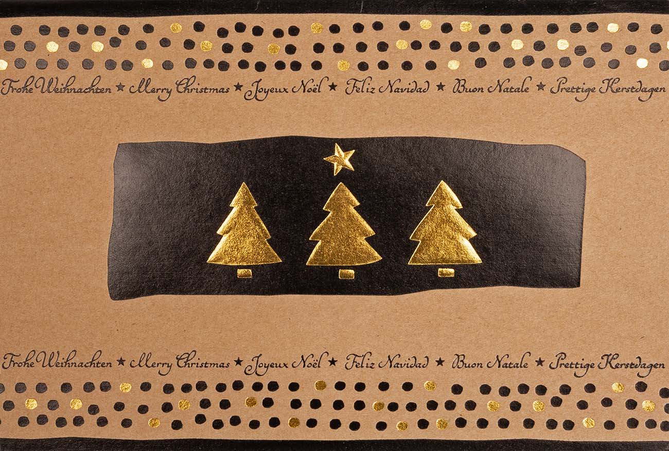 Naturbraune Weihnachtskarte aus Ökokarton mit schwarz-goldener Folienprägung