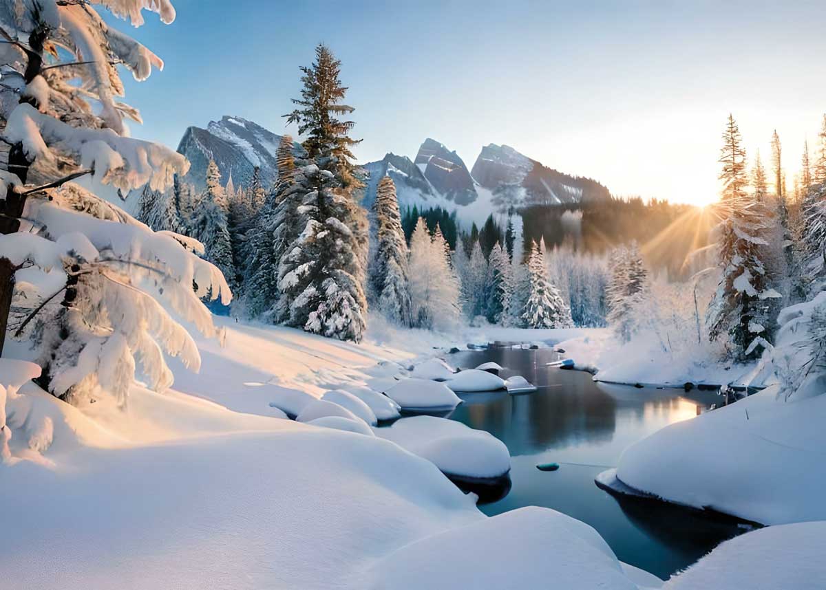 Winterliche Landschaftskarte mit einer verschneiten Berglandschaft im Licht der aufgehenden Sonne