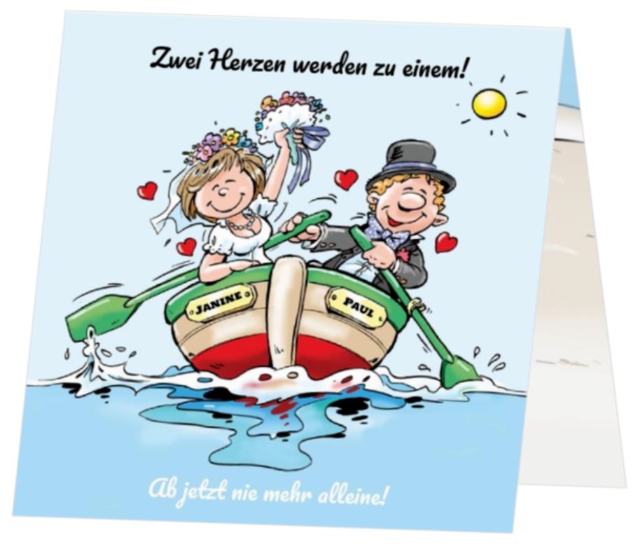 Witzige Hochzeitskarte im humorvollen Comic-Karikatur-Stil mit Hochzeitspaar im Ruderboot auf der Fahrt ins Glück.