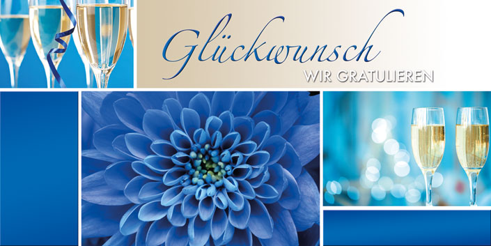 moderne in blau gehaltene Glückwunschkarte mit Blume und Sektgläßern