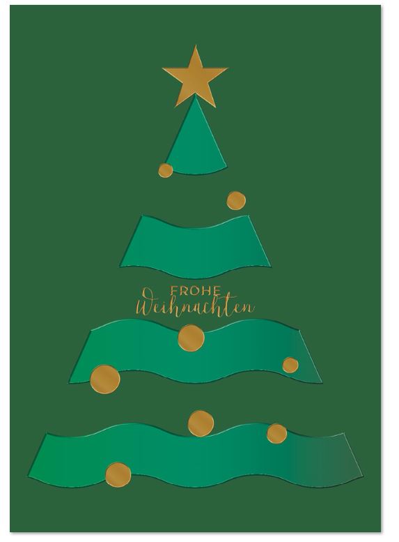 Grüne Weihnachtskarte mit Weihnachtsbaum, goldenen Kugeln und Stern 