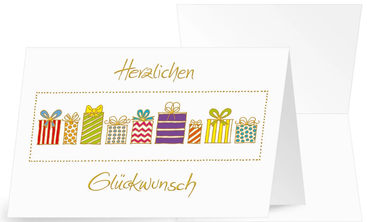 Glückwunschkarte mit bunten Geschenken und "Herzlichen Glückwunsch" für alle Anlässe